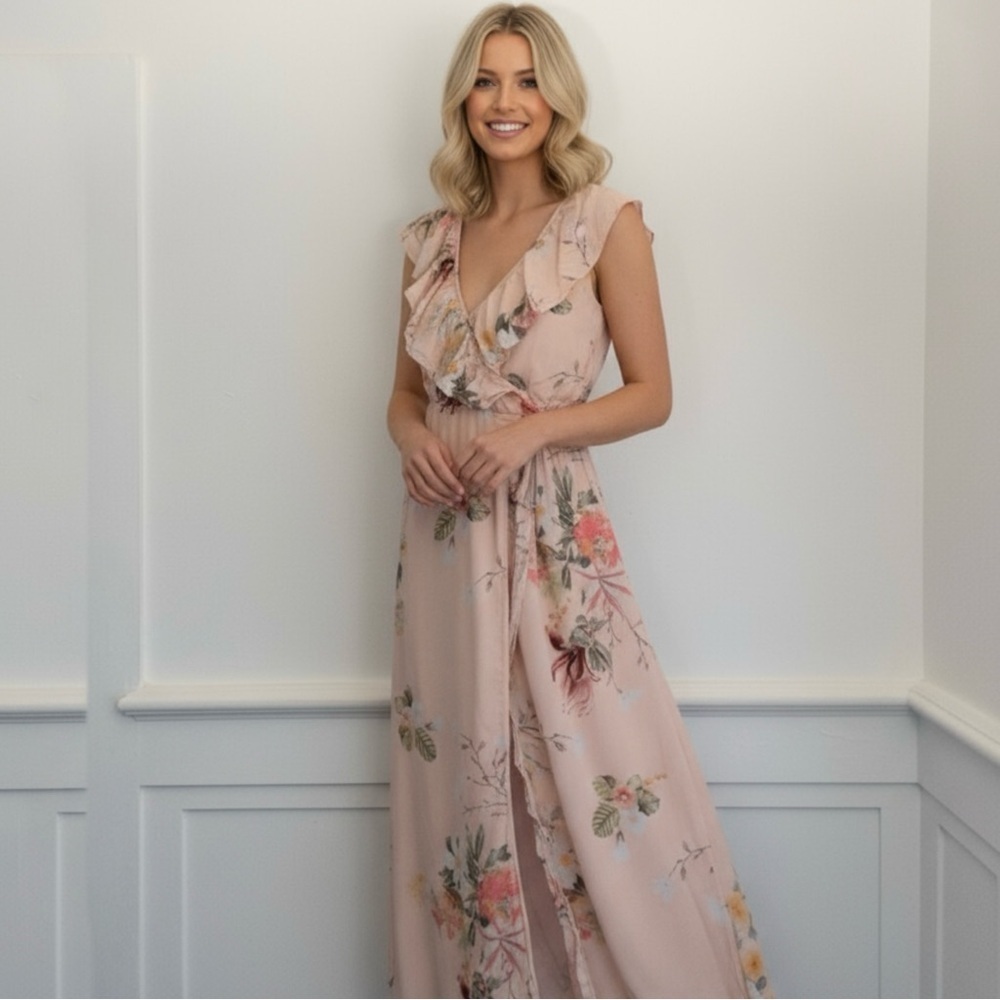 Plum Pretty Sugar Maxi Wrap Dress M/L Blush Floral Ruffle Rayon Boho Chic - Picture 4 of 8